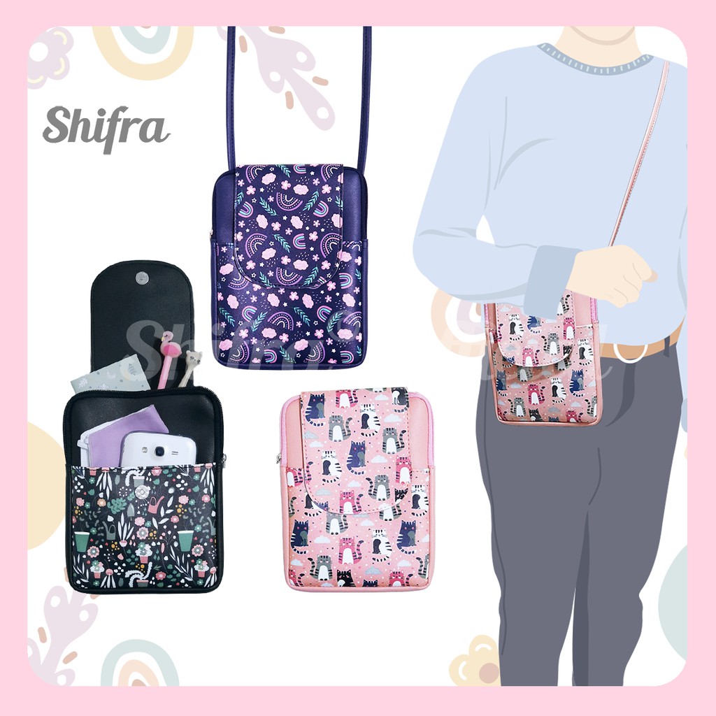 Shifra Sling Wallet Gantung Tutup HP Tali Panjang Pendek Dua Kantong Black Pink Navy