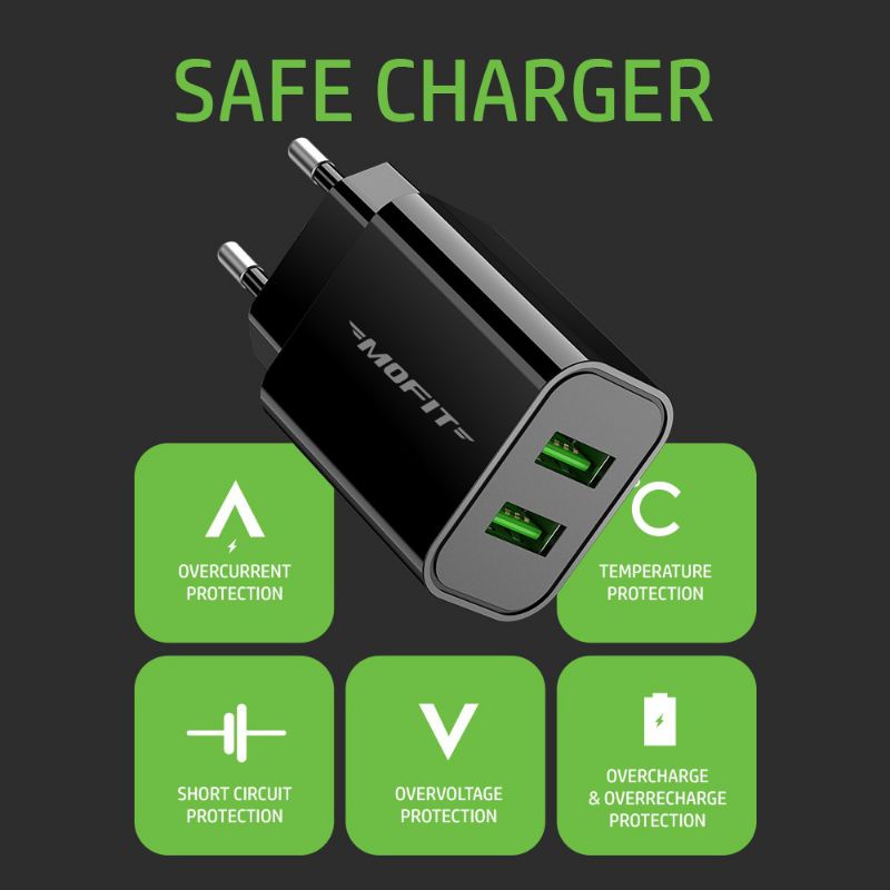 Mofit Charger Adaptor Dual USB Fast Charging. 2.4A