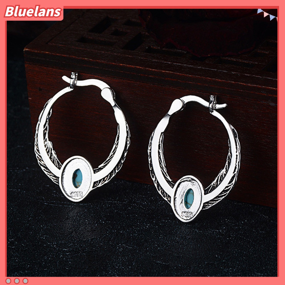 Anting Hoop Juntai Bentuk Bulu Aksen Turquoise Tiruan Gaya Vintage Untuk Wanita