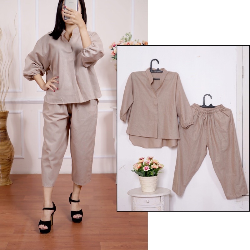 Setelan kulot setelan Wanita Atasan+Celana Kekinian Lucia Set Linen Premium  One Set Terbaru All Size kulot trendy