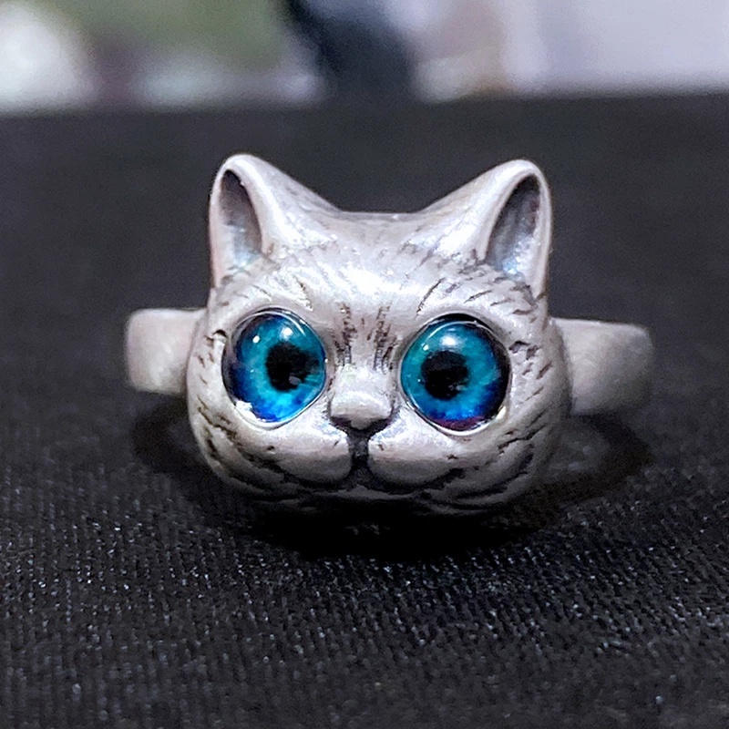 Cincin Model Terbuka Adjustable Desain Mata Kucing Biru Gaya Vintage Punk Gothic Untuk Unisex