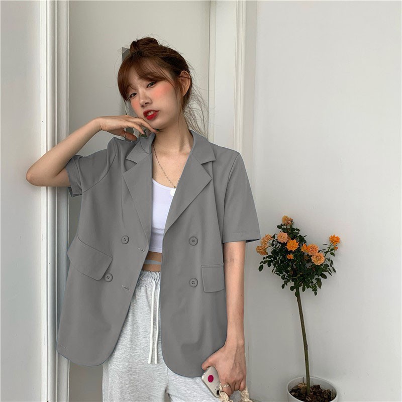 VS - PAMELA OUTWEAR BLAZER SOLID CARDI BASIC Wanita Lengan Pendek Longgar Korea kancing 4