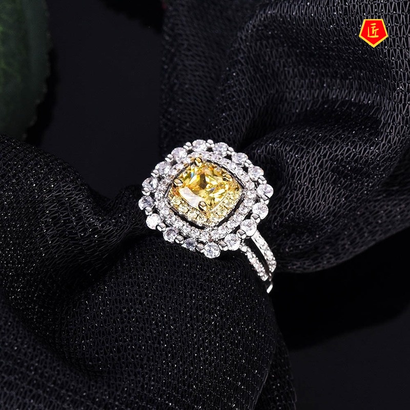 [Ready Stock]Pt950 Luxury Bead Edge Yellow Diamond Open Ring for Women