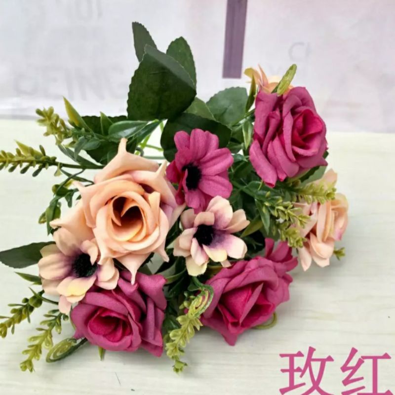 Bunga Mawar Aster K10 Artificial Bunga palsu hias plastik dekorasi rumah pesta babysbreath-Wine Red