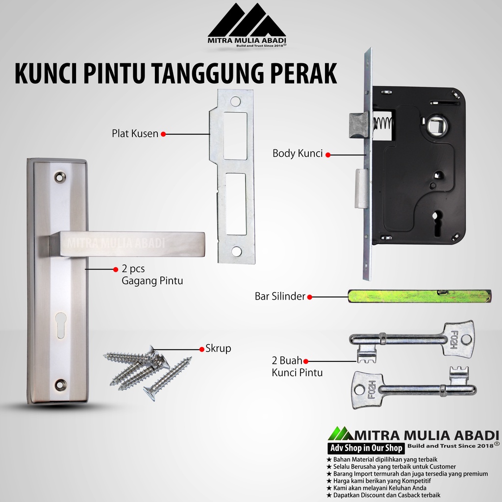 Kunci Pintu Top M-Class Set Komplit Silver | 20CM | Gagang Kotak