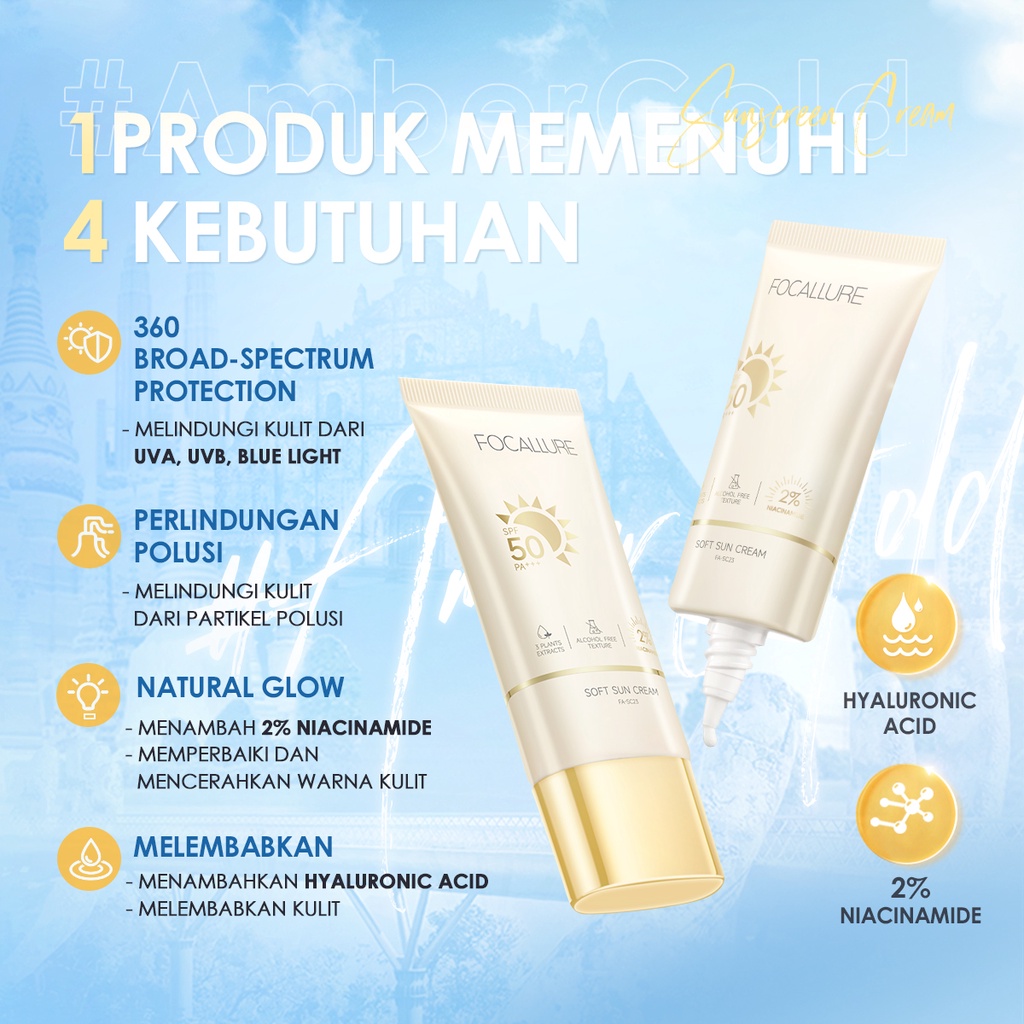 FOCALLURE #AmberGold 4-in-1 Intensive Defense Sunscreen Gel SPF50PA+++ 0% Alcohol Hyaluronic Acid Melembabkan Non-comedogenic