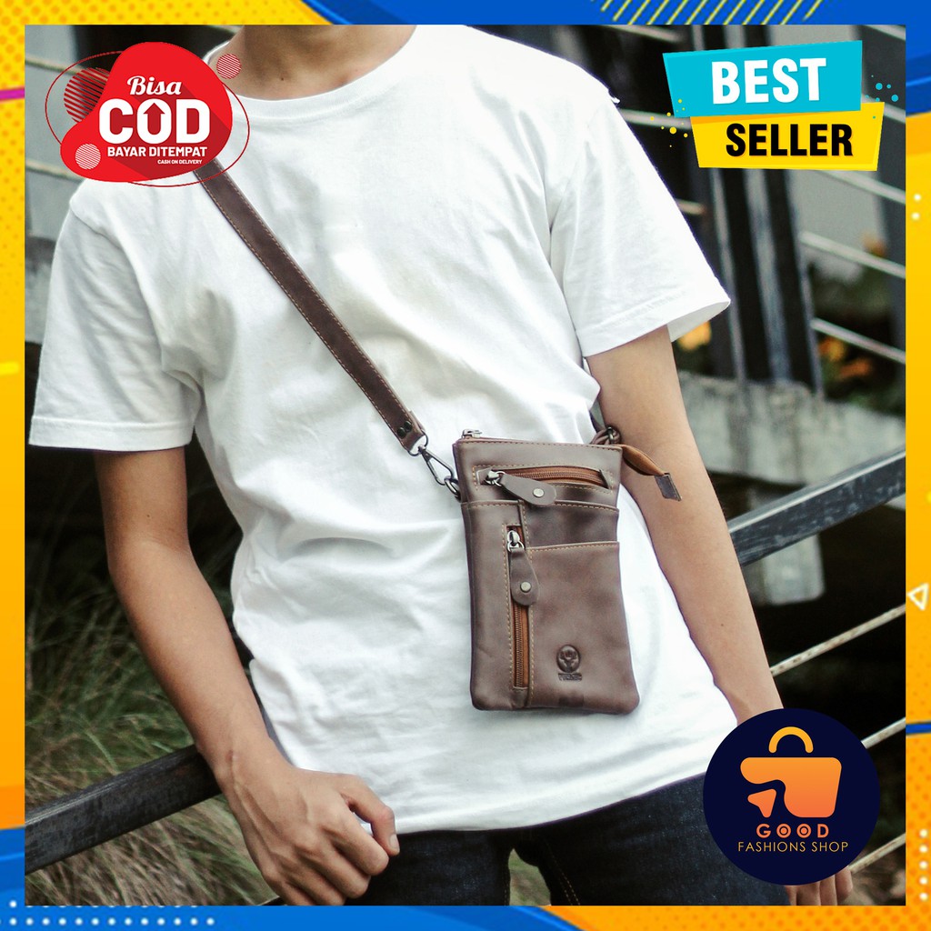 Tas Hp Pria Pinggang Selempang Kulit Waterproof Anti Air Warna Coklat