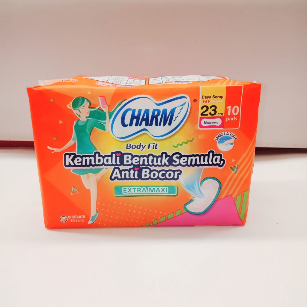 CHARM BODY FIT EXTRA MAXI NON WINGS 23 CM ISI 10 PADS PEMBALUT WANITA