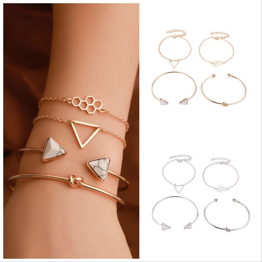 4Pcs /  Gelang Bangle Wanita Gaya Korea Geometri Segitiga Fashion Berantai