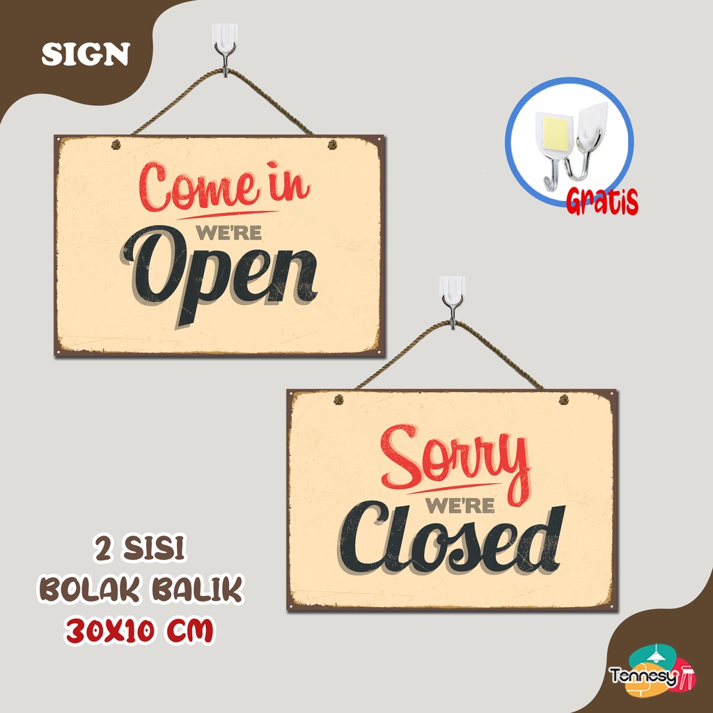 TENNESY PAJANGAN SIGN OPEN CLOSE TOKO VINTAGE 30x20CM HIASAN DINDING GANTUNG WALL DECOR PAJANGAN POSTER DEKORASI KAMAR RUMAH TOKO KAMAR