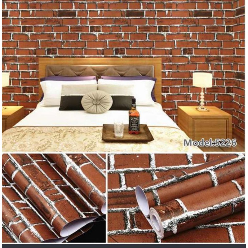 WALLPAPER STIKER DINDING MOTIF BATU BATA COKLAT TUA LIST PUTIH