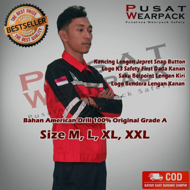 Jual Wearpack Safety Atasan Pakaian Kerja Warna Merah Kombinasi Hitam