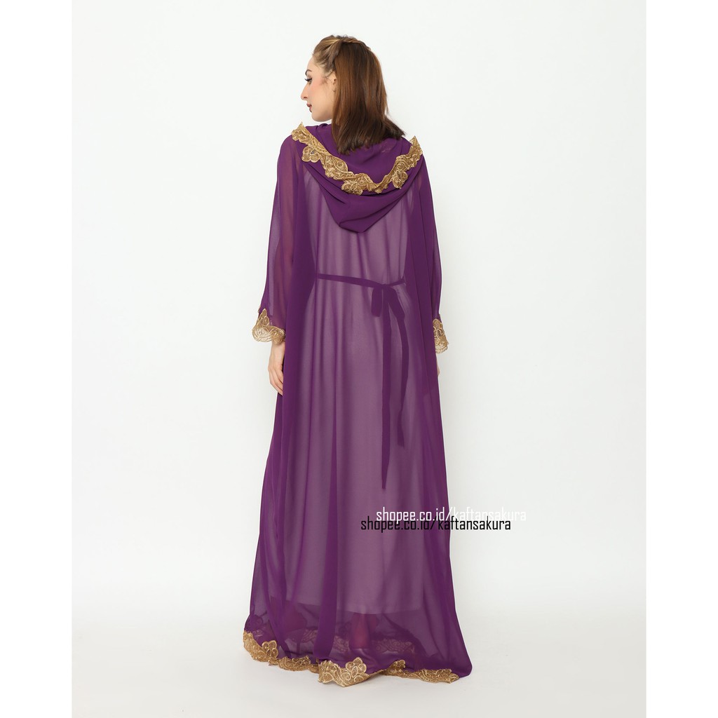 kaftan kapucong warna ungu bordir mewah ada hoodie bahan siffon jumbo lebaran 2021