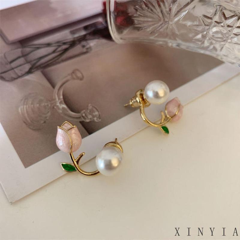 【COD】Bentuk Bunga Tulip Warna Pink Anting Mutiara Mode Retro Korean Anting Drop Bola Mutiara Dasar Anting Tindik Sederhana Kecil dan sederhana