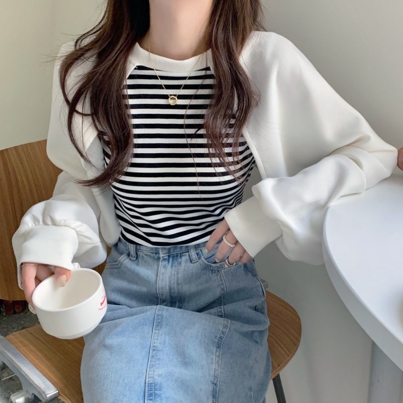 #Sisjuly# Wanita Gaya Korea Temperamen Jahitan Bergaris Palsu Dua Potong Sweater Wanita Musim Gugurm dan Musim