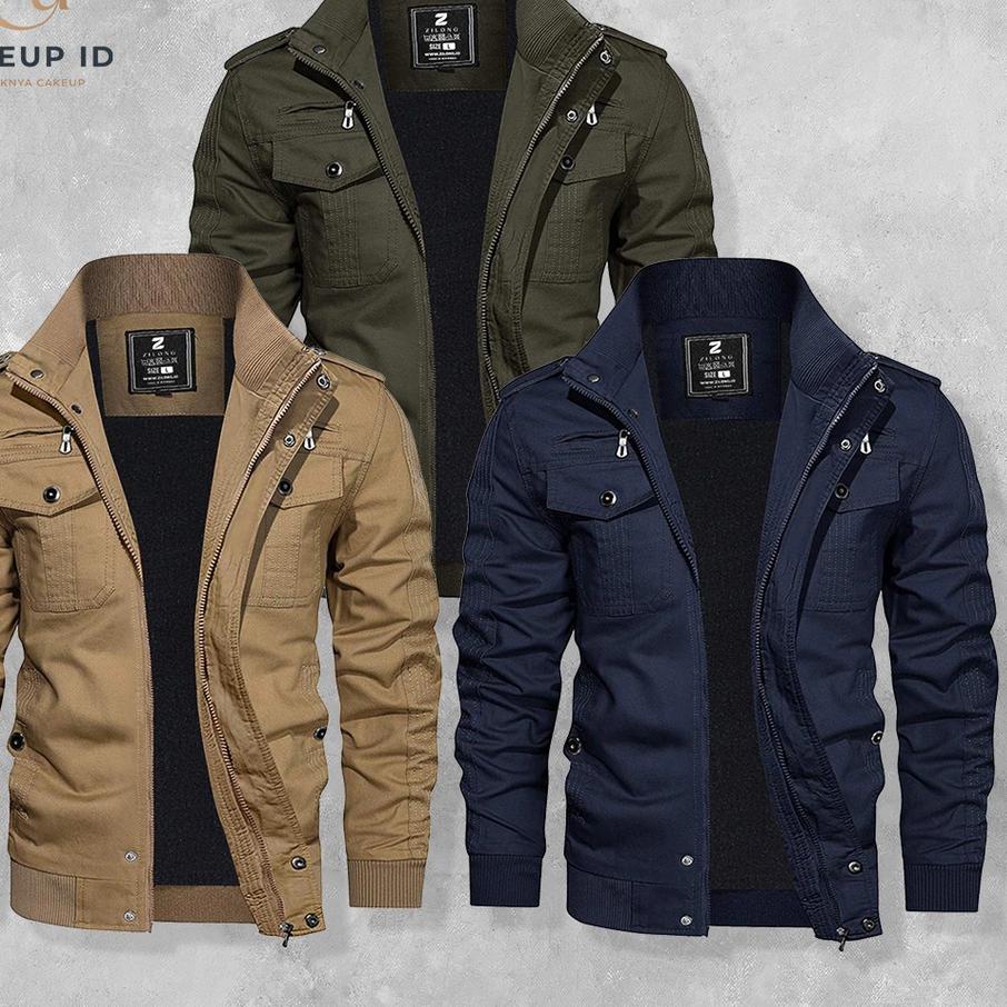 Kekinian Jaket Pria/Cowok Keren Bomber Model Militer Sedang Tren Bahan Kanvas Twill Drill Tebal Bran