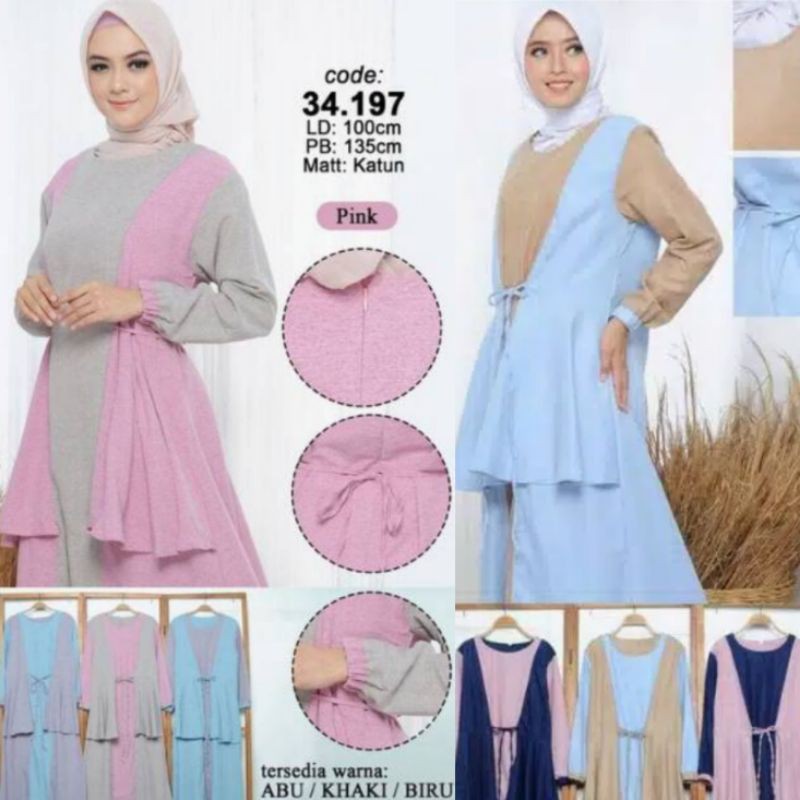 baju gamis katun dan moscrepe kombinasi warna lengan panjang variasi rempelan tali pinggang seleting