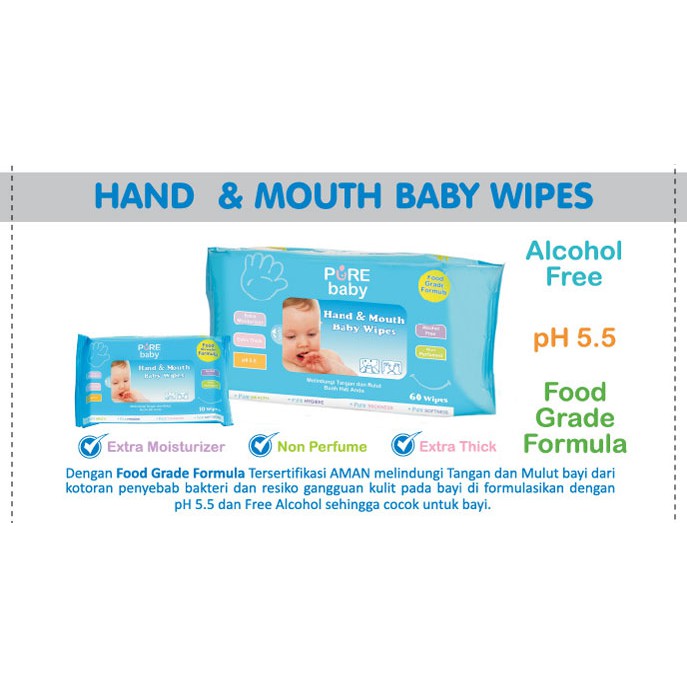 Beli 2 gratis 1 PURE BB BABY Wipes HAND and MOUTH isi 60 / Tissue Basah ANTI Bakteri PREMIUM CARE