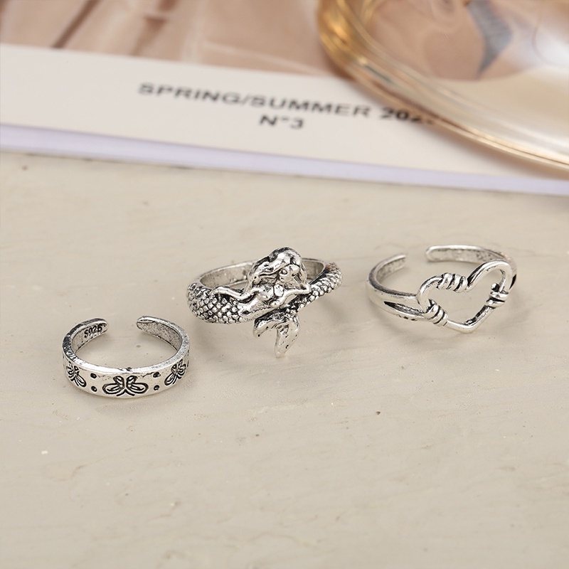 3 Pcs/set Baru Retro Cincin Kepribadian Pembukaan Lama Multi-Lapisan Memakai Jas Jari Telunjuk Cincin Sederhana Fashion Perhiasan Aksesoris - olo