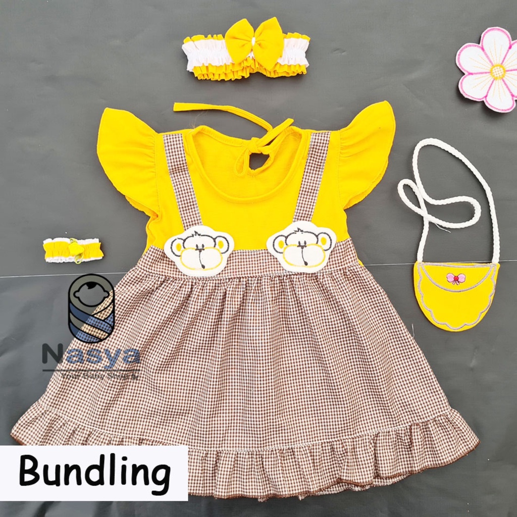 [P-015B] Dress bayi umur 0-6 bulan motif monyet Full Set Bandana, Gelang dan Tas