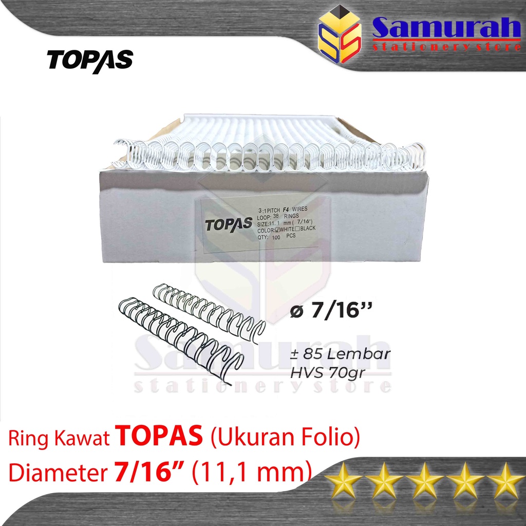 

Ring Binder Kawat Topas Ukuran Folio 7/16" Diameter 11,1 mm / 38 Wire Ring Binding 3 : 1 isi 100 Batang / 38 Lubang