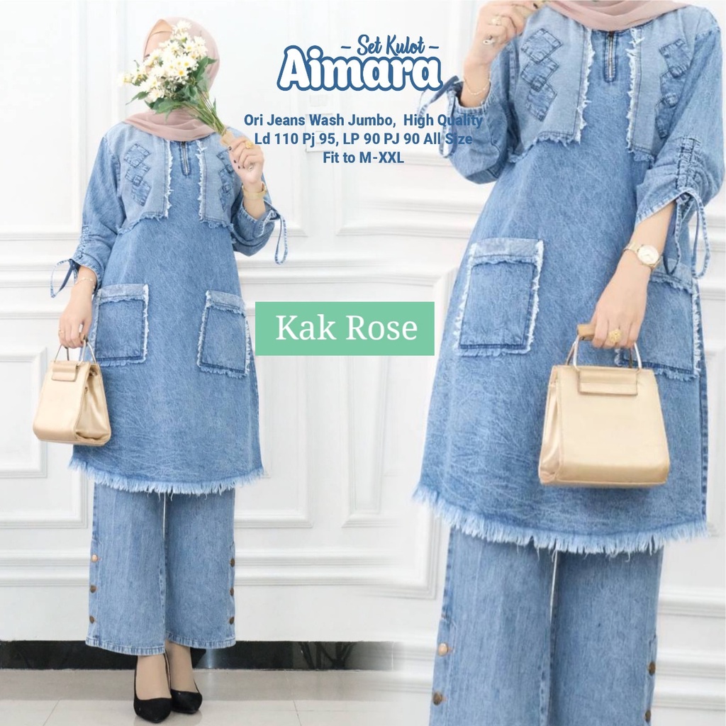 Setelan Kulot Wanita Kombinasi Atasan Tunik Mix Kulot Jeans Wash Ori Wanita LD 110 cm One Set Kekini