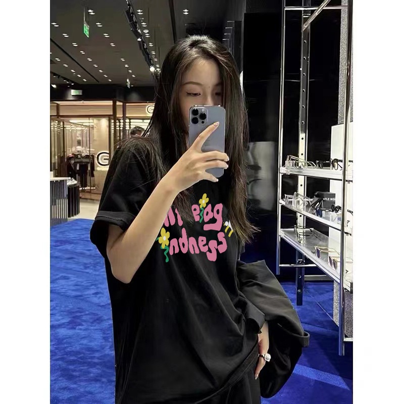 baju kaos wanita/korean style letters graphic printing lengan pendek hitam kaos