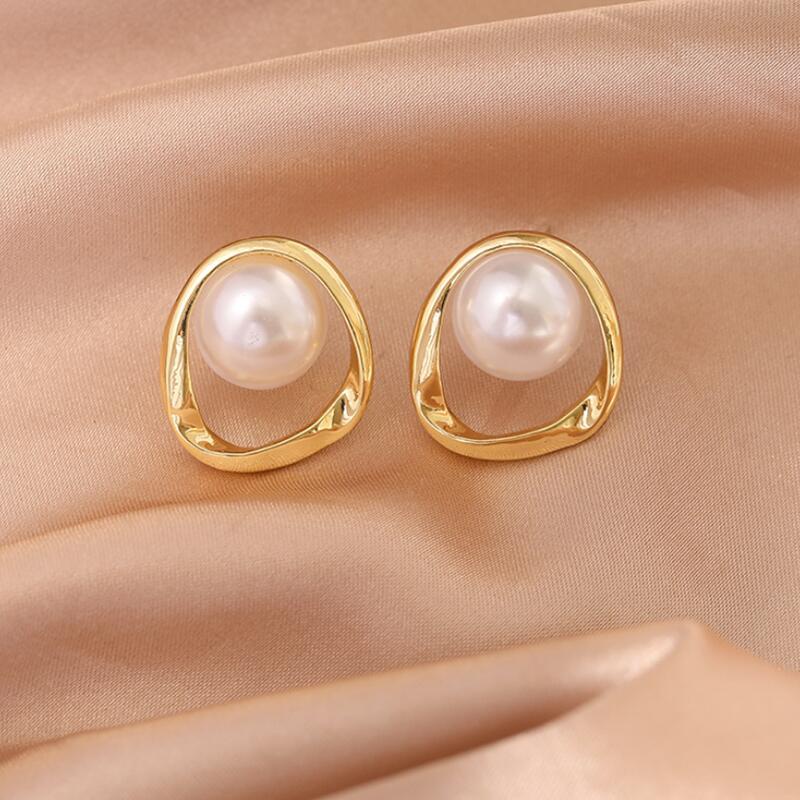 Anting Tusuk Sterling Silver 925 Desain Geometri Asimetris Hollow Hias Mutiara Ala Korea Untuk Wanita