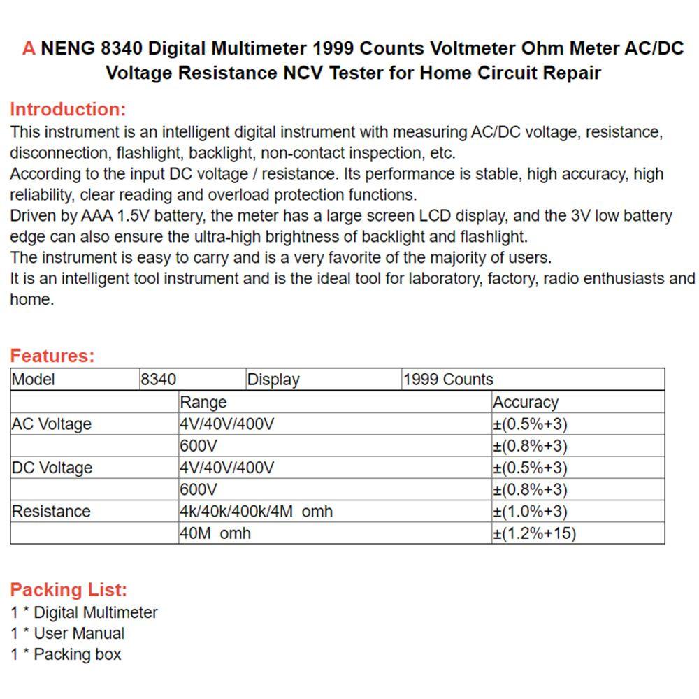 Solighter Digital Smart Multimeter Presisi Tinggi 1999hitungan AC/DC Digital Profesional Meter