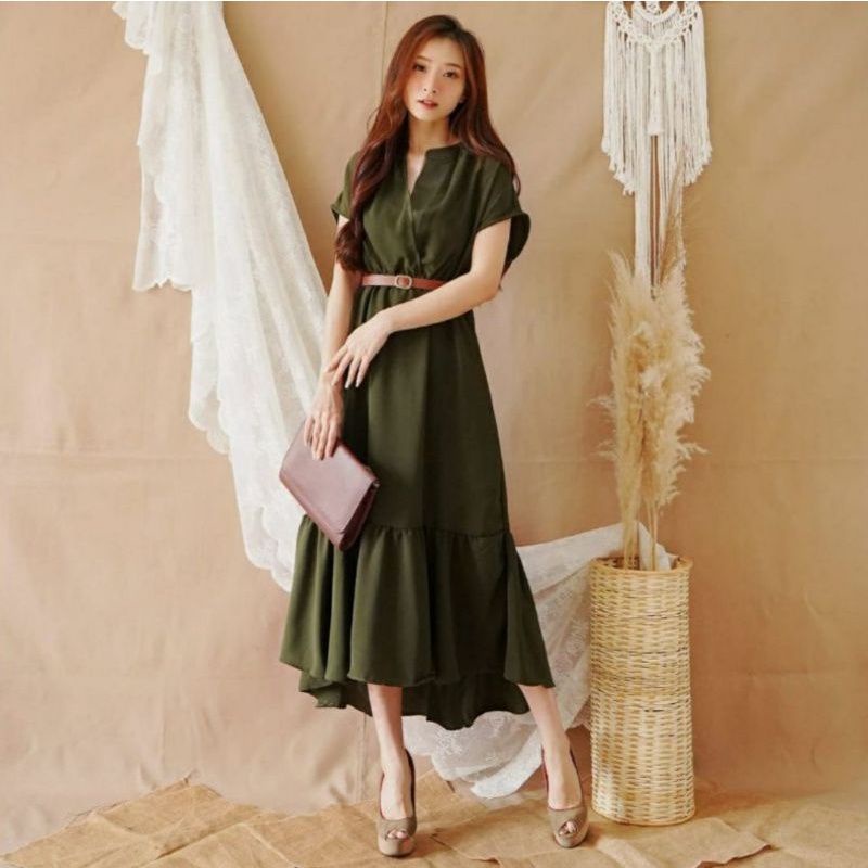 PRELOVED Baju Maxi Midi Dress Gaun Sylvia Vintage Bottom Ruffle Hijau Army Busui Terusan Pesta fit t