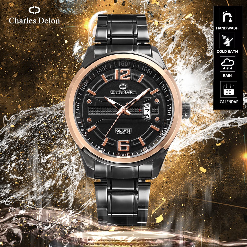 Jam Tangan Pria Watch Rantai Anti Air Tanggal Box Original Charles Delon CDM 5002 GC