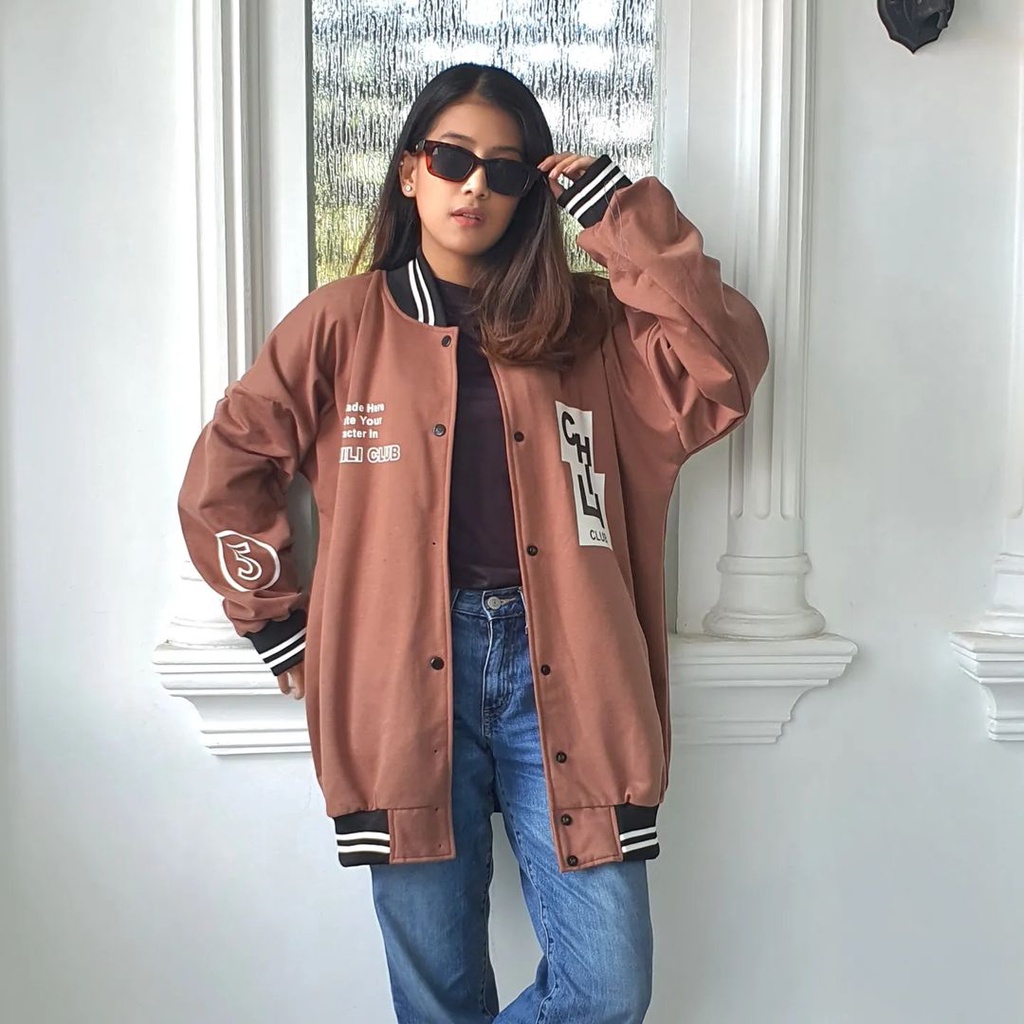 CHILI CLUB  2XL Varcity Jacket Baseball  Oversize Pria Wanita | Jacket Korean Style Terkini FLEECE Tebal Casual OOTD