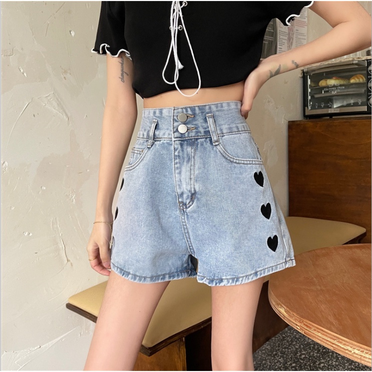 Celana Pendek Denim Celana JEANS High Waist Korean Style Celana Denim Wanita Motif Love Lingkar Kaki Lebar Celana Pendek Longgar