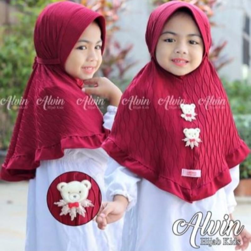 Jilbab anak plisket 4 5 6 7 8 9 tahun plisket bear hitam marun dongker ( jilbab PLISKET bear )