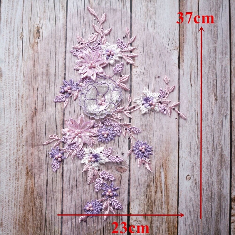 Aplikasi Lace 3D Flowers Beads Rhinestones