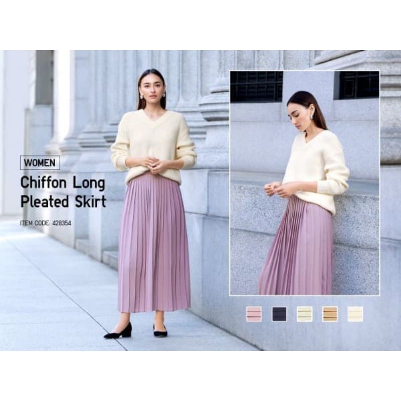 UNIQLO lilac pleated skirt rok plisket ungu midi panjang