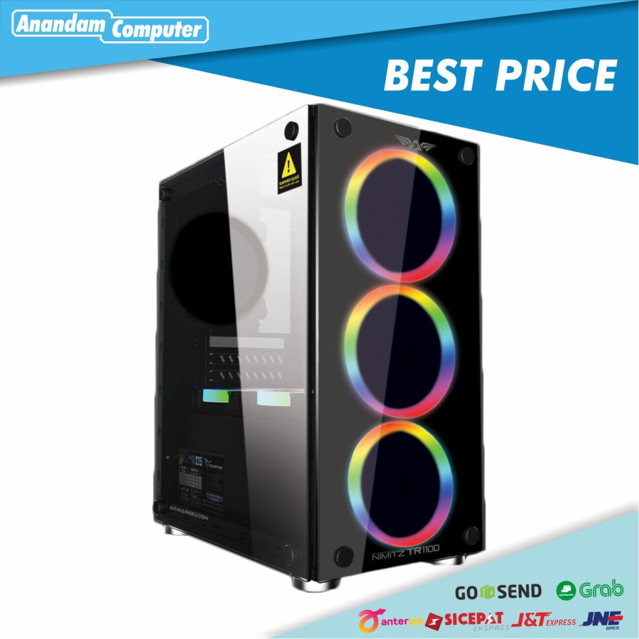 Armaggeddon NIMITZ TR1100 - Tempered Glass Case Free Fans and PSU Black White Hitam Putih