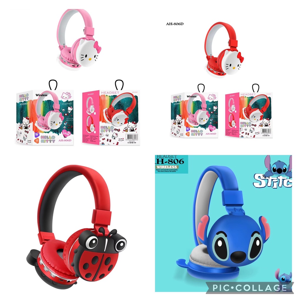 [ AH-806 / 807K ] HEADPHONE BANDO BLUETOOTH/WIRELESS KARAKTER HELLOKITTY / LILO STICH /KUMBANG BAHAN KARET TYPE AH-806