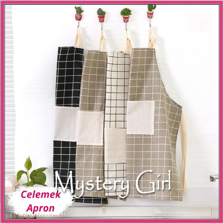 Mysterygirl - Clemek Masak Dengan Bahan Katun Linen Dan Motif Kotak-Kotak Apron Waterproof Cafe Waiter