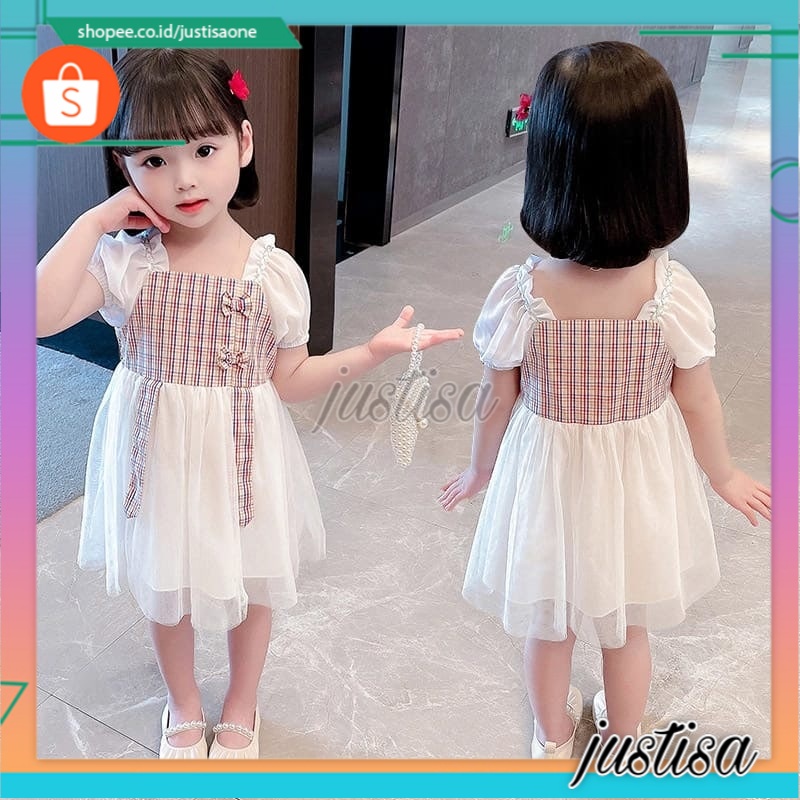 Promo !! Dress anak cewek cute -  dress tartan rubber two ribbon import uk 6bln-2th (putih)