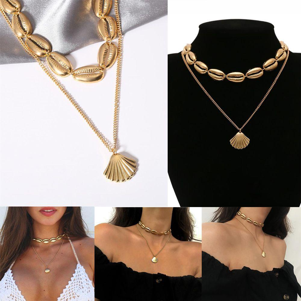 Solighter Multilayer Shell Kalung Wanita Rantai Choker Emas Perak Perhiasan Pantai