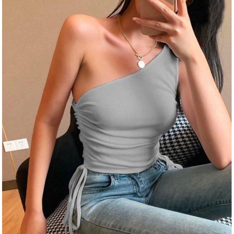 MDLV ~ Serut Top Rajut Atasan One Shoulder Serut Rajut Blouse Sexy Fashion Wanita