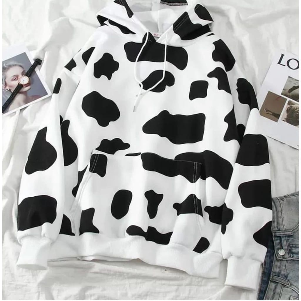 Sweater Hoodie Sapi Oversize | Jaket Sweater COW FULL PRINT Sweater Oversize | Sweatshirt Pakaian Wanita Kekinian