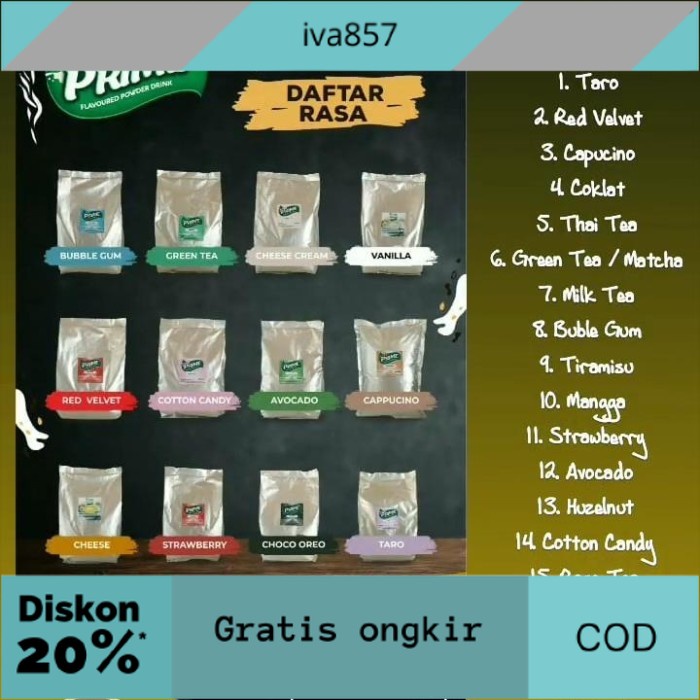 

PROMO Prime Bubuk Minuman Premium 1Kg / Bubuk Minuman Kekinian Aneka Rasa GRATIS ONGKIR