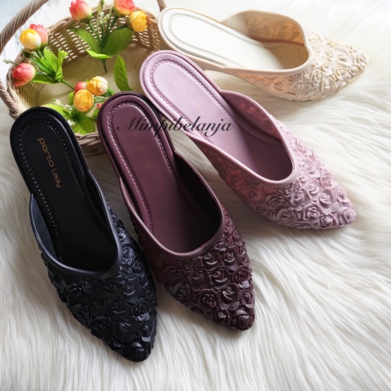 SEPATU SANDAL JELLY WANITA MULES SLOP ROSE EMPUK KEKINIAN