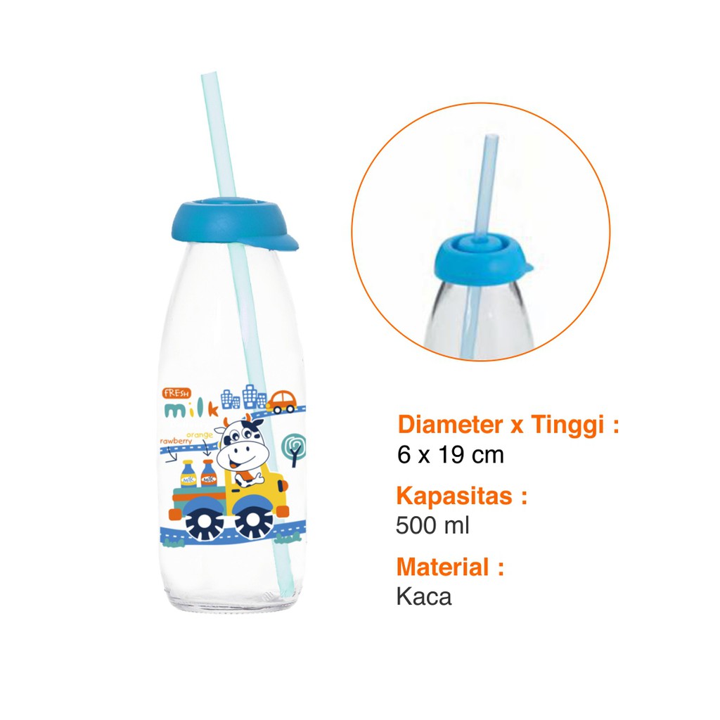Herevin  Botol Air Tempat Minum Susu Kaca Anak Transparan  Motif Unik Lucu Straw Sedotan 500 ml-1