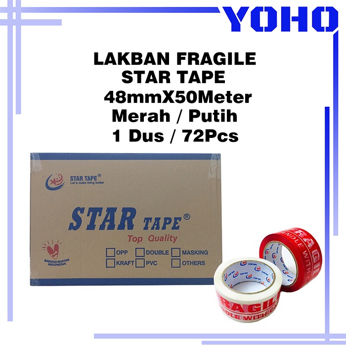 Lakban Fragile STAR TAPE Jangan Dibanting Merah/Putih 48mmX50M 1Dus