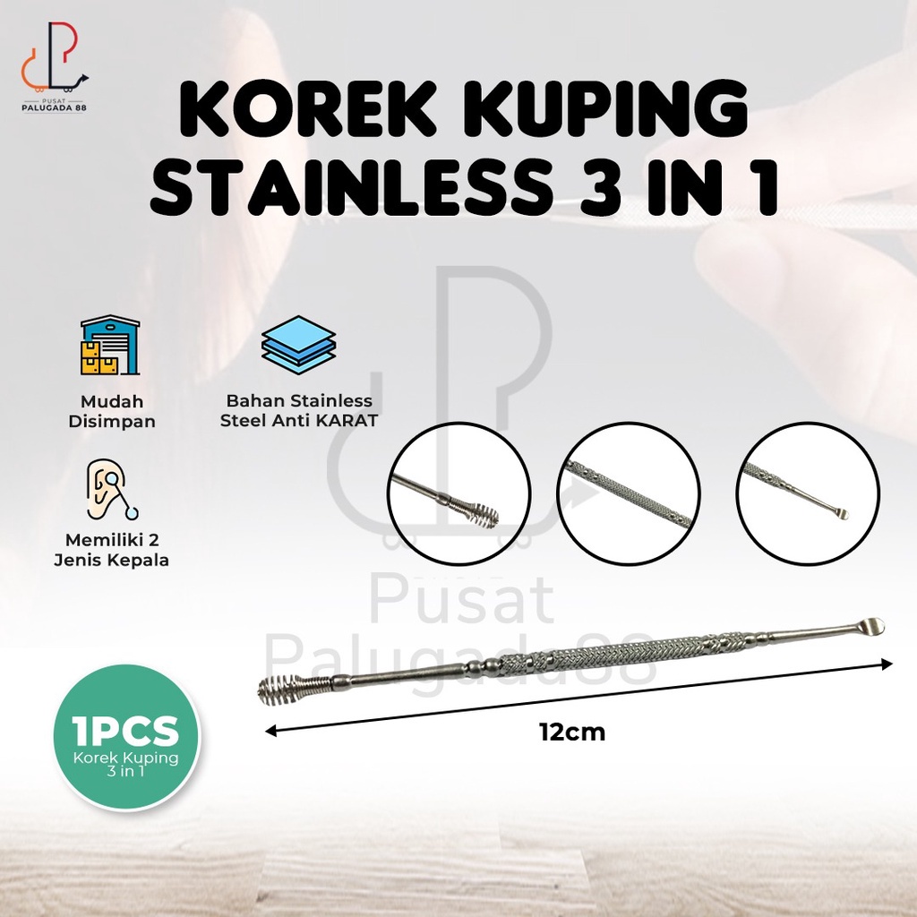 Korek kuping stainless 3 in 1 spiral 2 sisi ujung mata Sprial Sendok Steel 3in1 Pembersih Telinga Besi