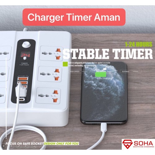 SOHA BKL-11 Stop Kontak Pakai Waktu / Power Socket Timer + 5 USB Port 3.4A &amp; Qualcomm Multi Port