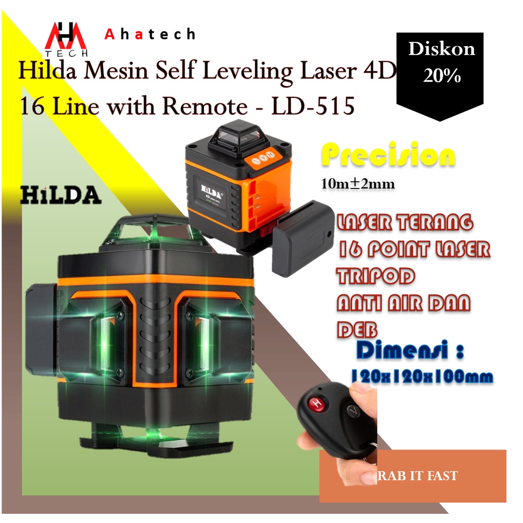 HILDA 12/16 Lines 3/4D Laser Level Level Self-Leveling 360 Horizontal dan Vertikal Cross Super Power